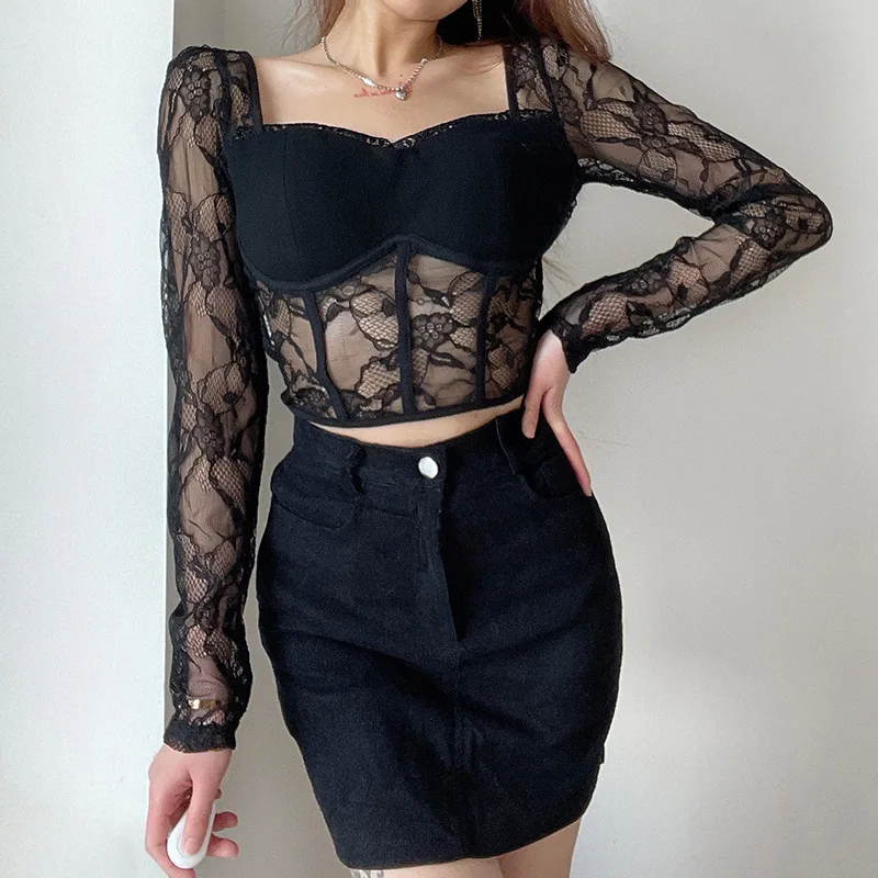 Vintage Gothic Velvet Lace Tops Harajuku Sexy See Through Long Sleeve Crop Top Women Autumn Elegant Aesthetic Basic Tops, Customized
Vintage Gothic Velvet Lace Tops Harajuku Sexy See Through Long Sleeve Crop Top Women Autumn Elegant Aesthetic Basic Tops, Customized