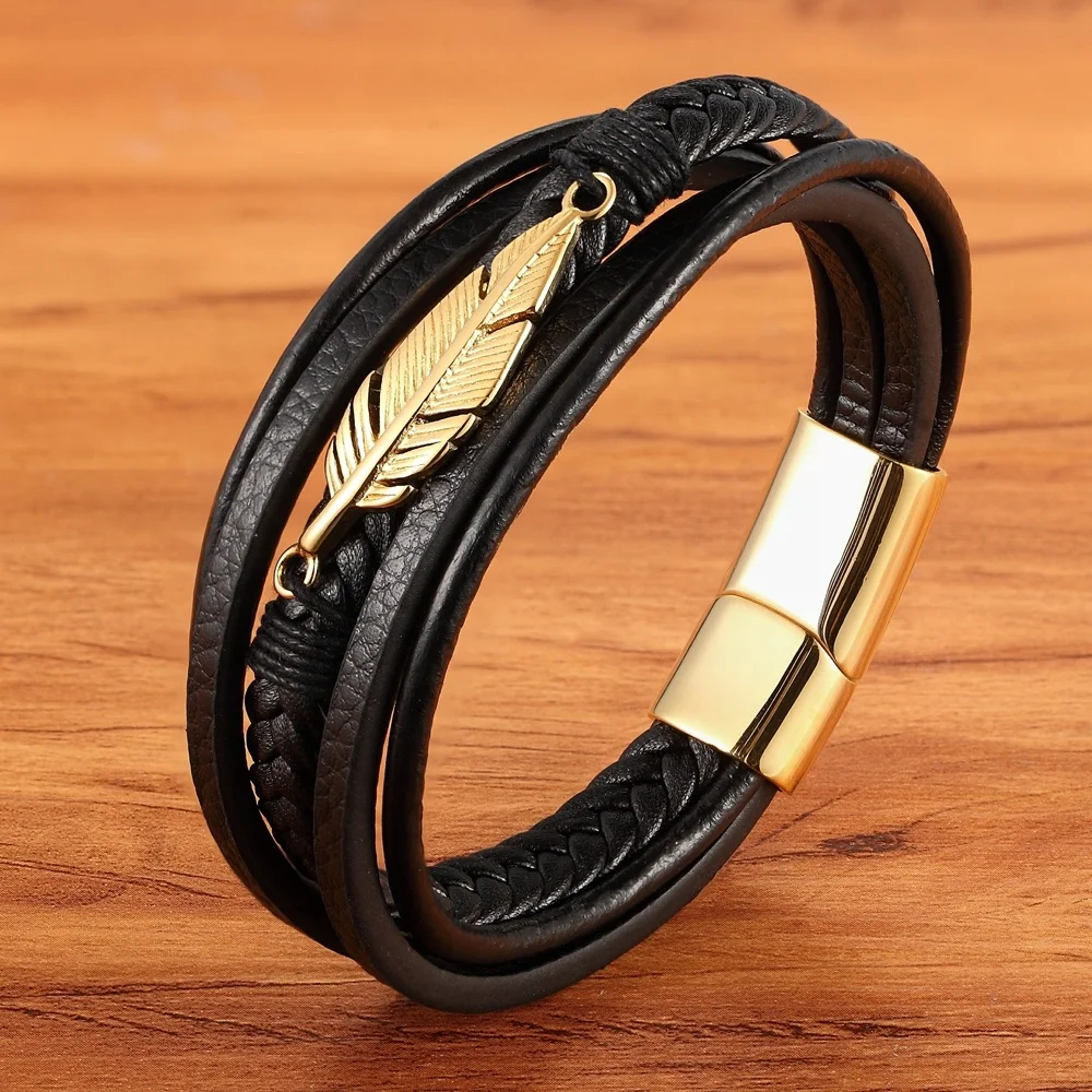 Multi-layer Leather Feather Shape Accessories Men's Bracelet Stainless Steel Leather Bracelet For Special Birthday Present
Multi-layer Leather Feather Shape Accessories Men's Bracelet Stainless Steel Leather Bracelet For Special Birthday Present