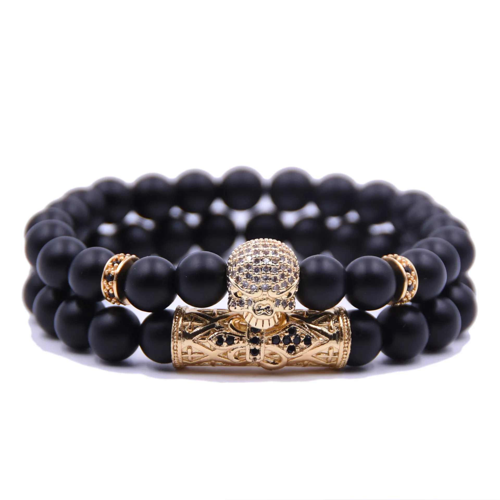 European Punk Couple Hand Jewelry 2Pcs/Set Elastic 8mm Natural Matte Black Stone Micro Pave CZ Skull Bracelet Set
European Punk Couple Hand Jewelry 2Pcs/Set Elastic 8mm Natural Matte Black Stone Micro Pave CZ Skull Bracelet Set