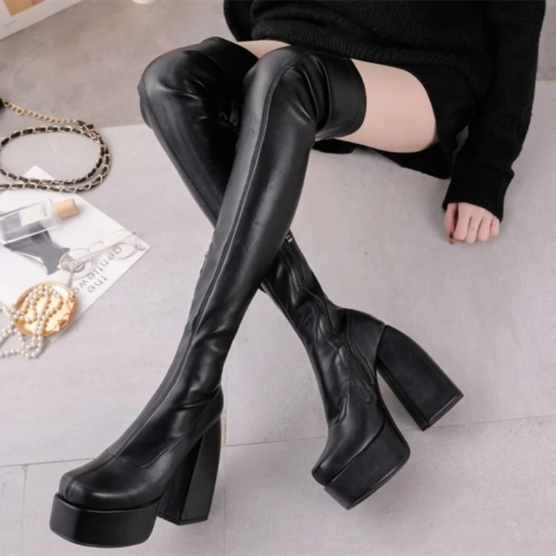 Plus Size 43 Platform High Chunky Heel Women Thigh High Boots Sky High Heel Black PU leather Boots Zipper
Plus Size 43 Platform High Chunky Heel Women Thigh High Boots Sky High Heel Black PU leather Boots Zipper