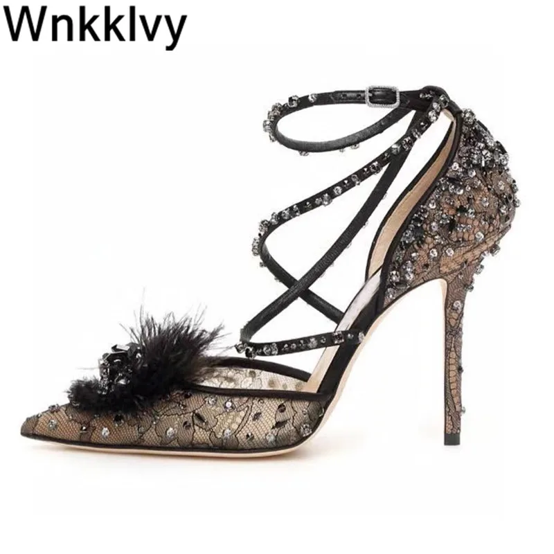 Summer crystal high heel shoes women pointed toe lace cut outs feather decor ankle cross strap sandals sexy party porm pumps
Summer crystal high heel shoes women pointed toe lace cut outs feather decor ankle cross strap sandals sexy party porm pumps