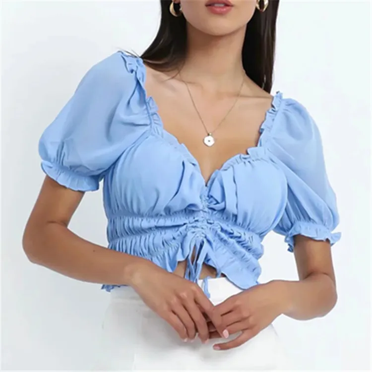 2021 summer new European girls tops retro French style elastic waist elegant bubble sleeve short pleated shirt, Blue,white
2021 summer new European girls tops retro French style elastic waist elegant bubble sleeve short pleated shirt, Blue,white