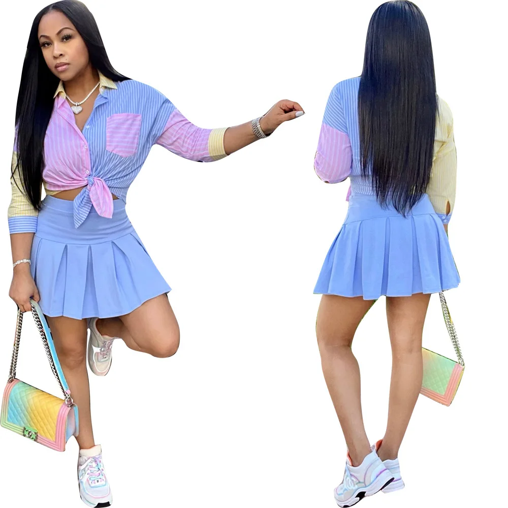Ladies striped shirt tops and skirt 2 two piece set fashion women pleated skirt and blouse set, As picture 
Ladies striped shirt tops and skirt 2 two piece set fashion women pleated skirt and blouse set, As picture