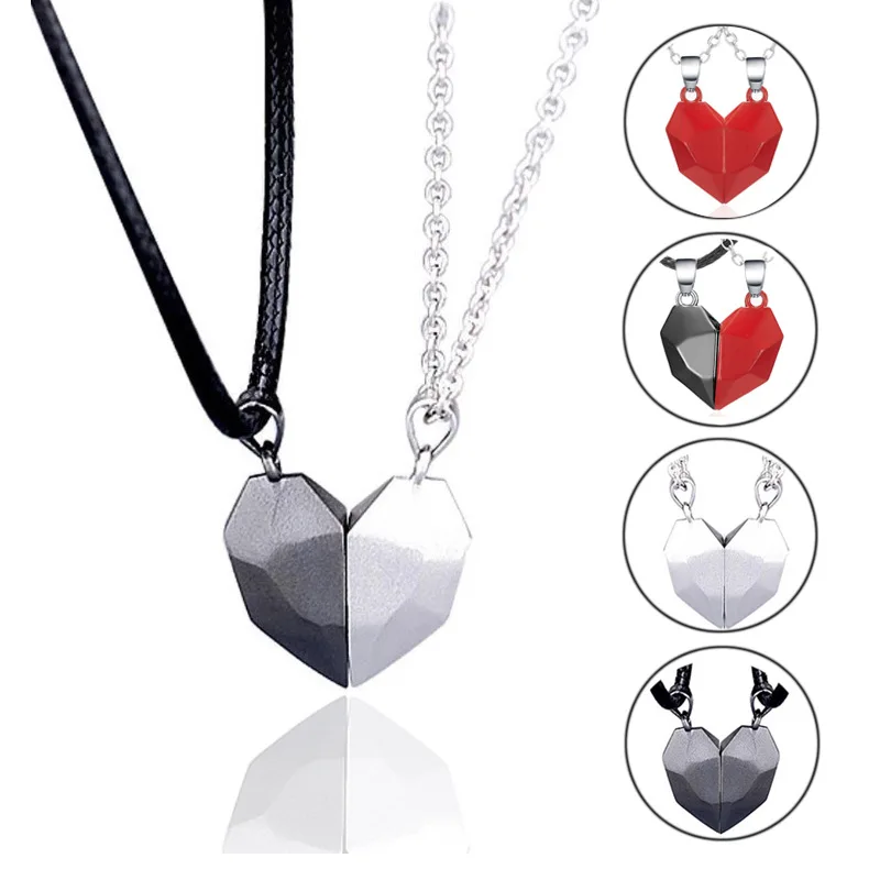 

2PCS Magnetic Couple Necklace Women Valentine's Day Gift Lovers Heart Pendant Distance Faceted Charm Necklace
