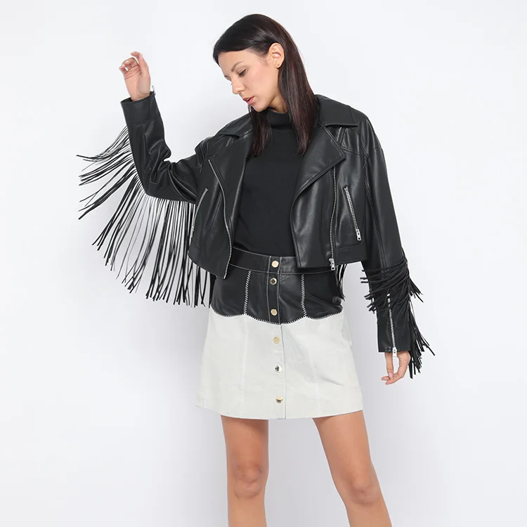 Latest design soft faux leather style Pu jacket women with long backing pu fringe, Customized color
Latest design soft faux leather style Pu jacket women with long backing pu fringe, Customized color