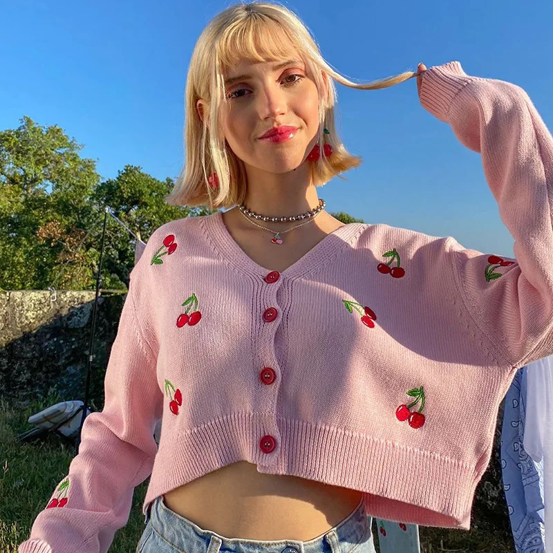 New Style Women's Knit Sweater Cherry Embroidered V-neck Loose Casual Cardigan Sweater, Color
New Style Women's Knit Sweater Cherry Embroidered V-neck Loose Casual Cardigan Sweater, Color