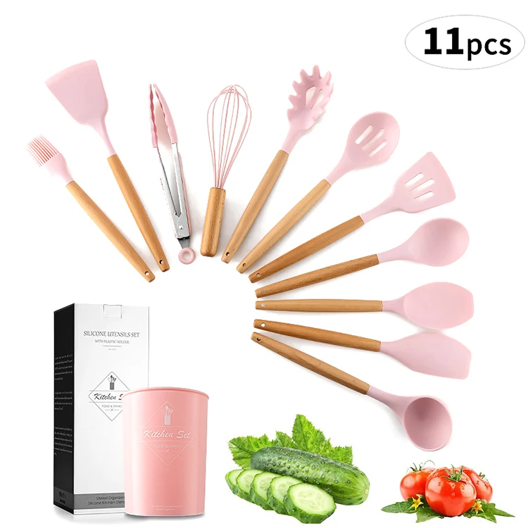 Best Selling Popular Product Cheap Nice Home Living 11 Pcs Silicone Kitchenware Set Pink Solid Wooden Handle Storage Box