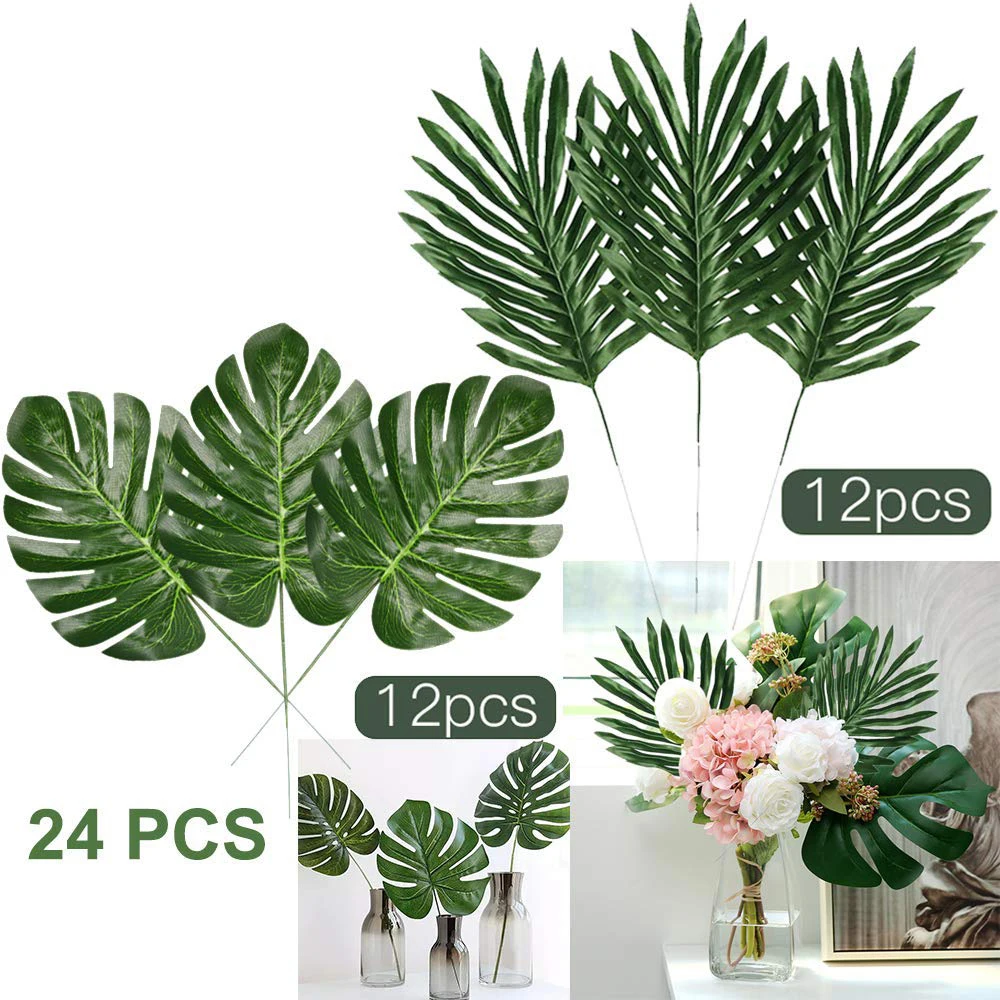

24 pcs 2 kinds tropical plant palm leaves artificial palm leaves faux leaves hawaiian luau party suppliers decorations, Green