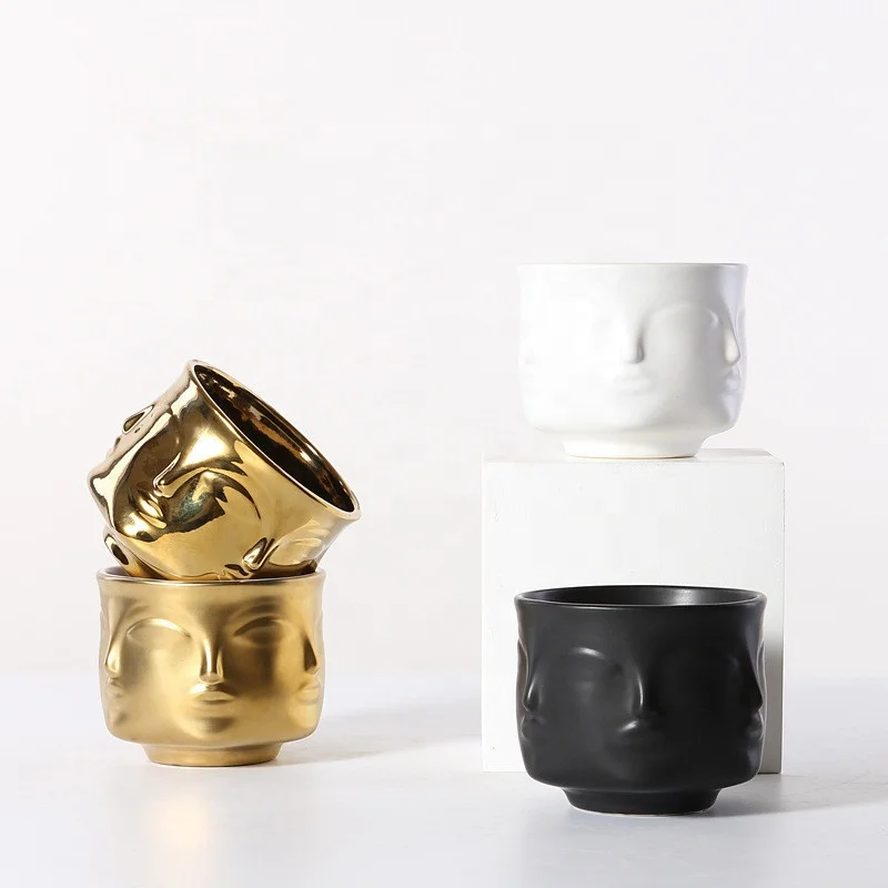 Nordic style ceramic face vase plant pot ornament for home model house decoration, White/gold/black
Nordic style ceramic face vase plant pot ornament for home model house decoration, White/gold/black