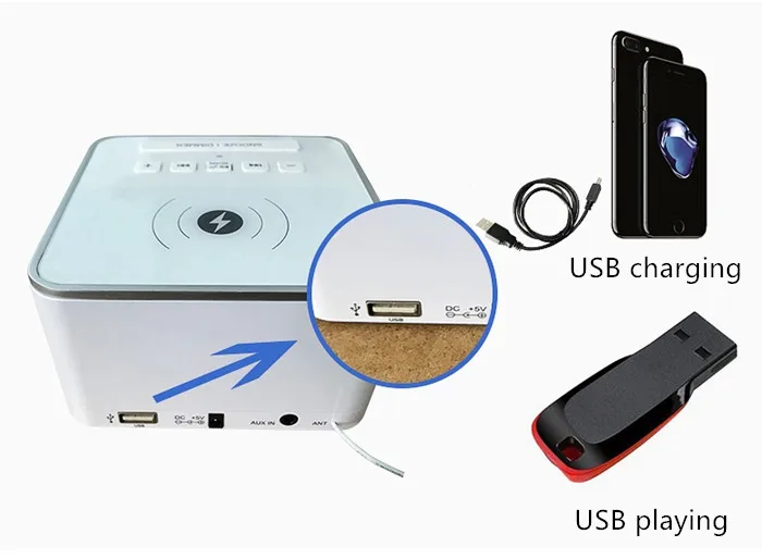 wireless alarm clock speaker with Qi charging radio blue tooth music Remote control - ANKUX.COM