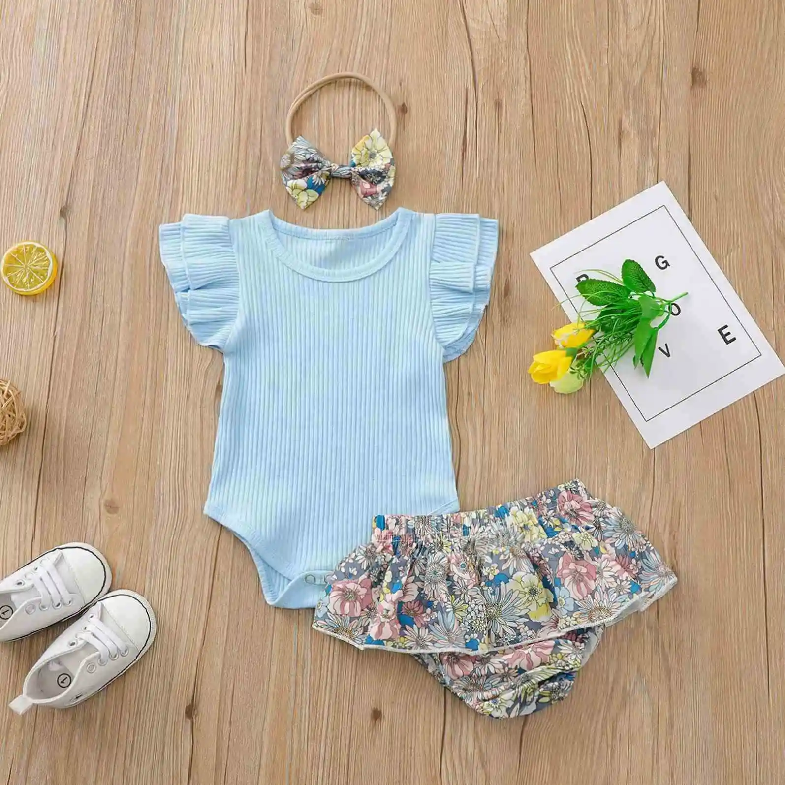 COLORFUL Toddler Clothes Solid Knit Ruffles Romper Tops+Floral Shorts+Headbands Outfits, As picture
COLORFUL Toddler Clothes Solid Knit Ruffles Romper Tops+Floral Shorts+Headbands Outfits, As picture