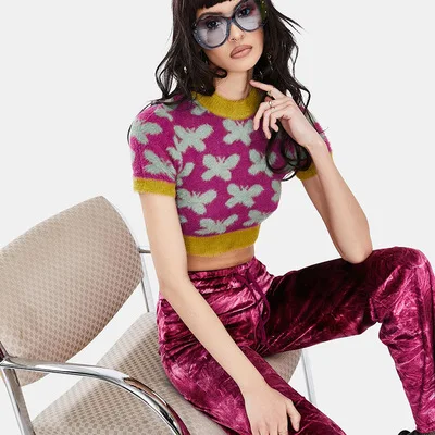 Factory wholesale 2021 European fashion butterfly jacquard knitted high waist sweater short sleeve top women
Factory wholesale 2021 European fashion butterfly jacquard knitted high waist sweater short sleeve top women