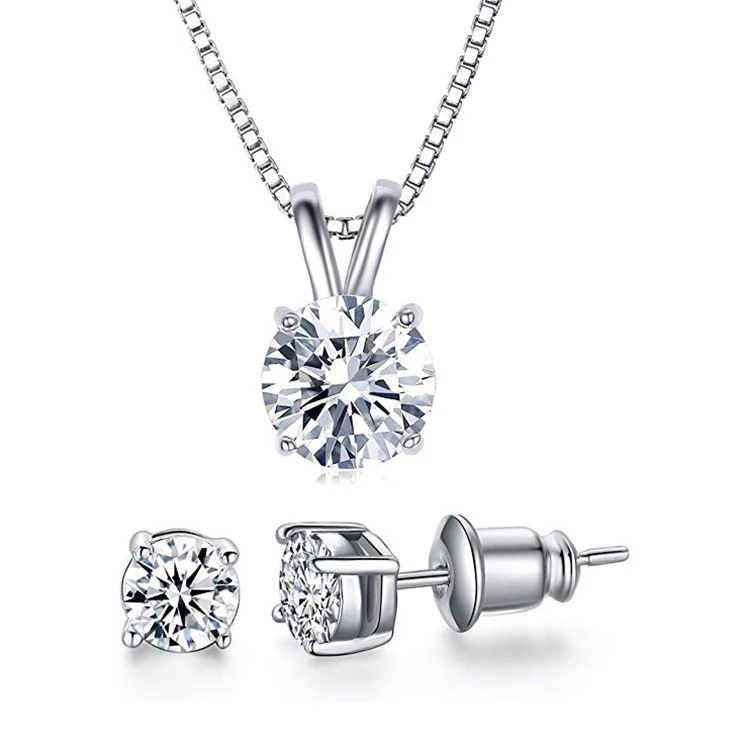 18K White Gold Plated Cubic Zirconia Jewelry Set For Women-2 Carat CZ Solitaire Pendant Necklace