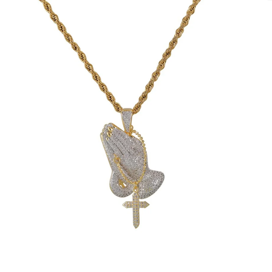 Iced jewelry pray hand with cross religious pray 22k gold cross pendant necklace for men 
Iced jewelry pray hand with cross religious pray 22k gold cross pendant necklace for men