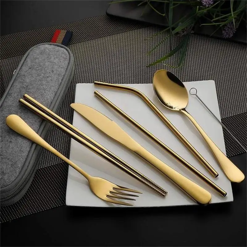 Titanium-Plated Stainless Steel Cutlery Knife Fork Spoon and Chopsticks Set Outdoor Portable Tableware Straw Set
Titanium-Plated Stainless Steel Cutlery Knife Fork Spoon and Chopsticks Set Outdoor Portable Tableware Straw Set