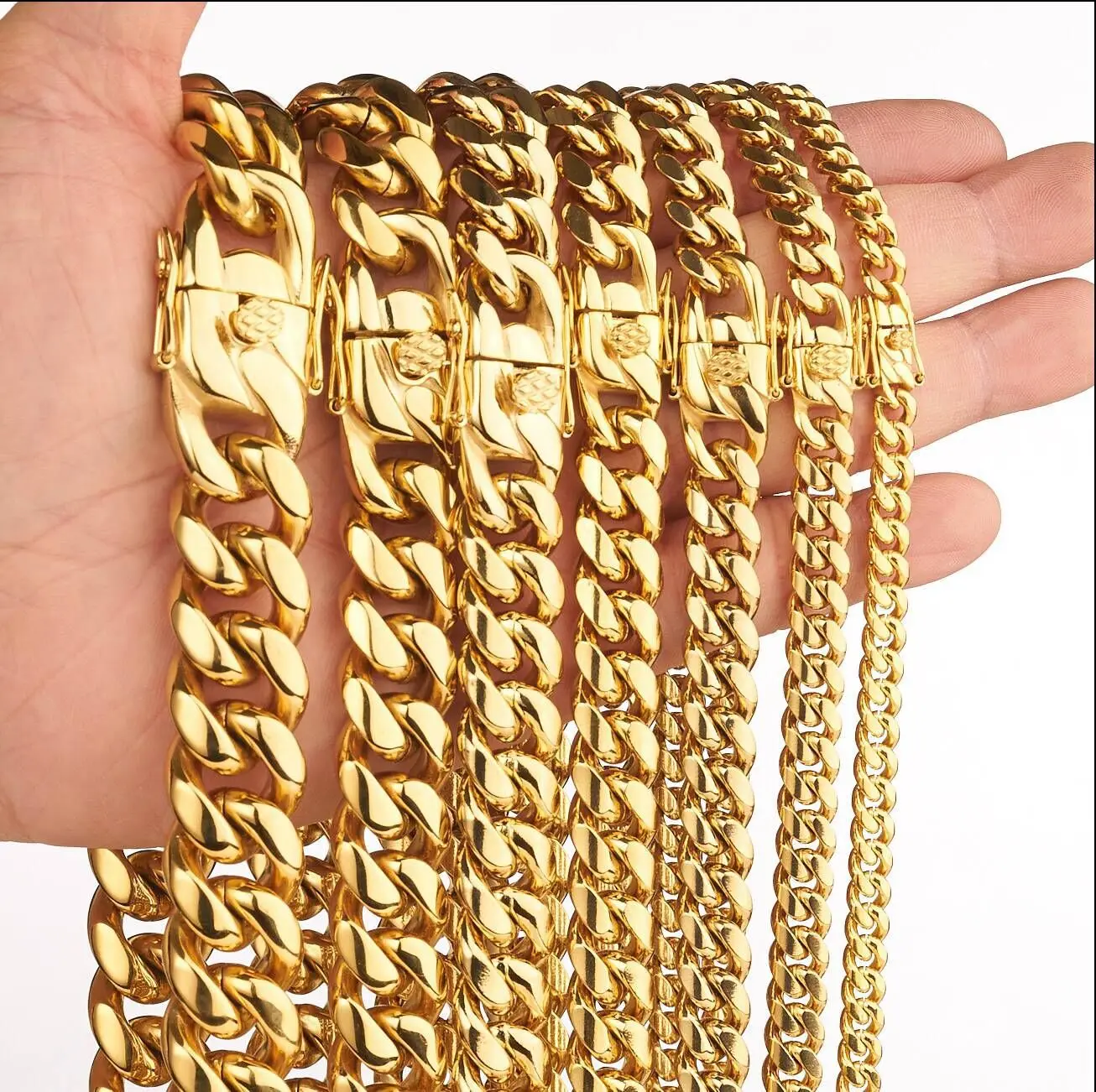 Wholesale Hip Hop Gold Stainless Steel Necklace Faucet Clasp Cuban Chain Necklace, Picture shows
Wholesale Hip Hop Gold Stainless Steel Necklace Faucet Clasp Cuban Chain Necklace, Picture shows