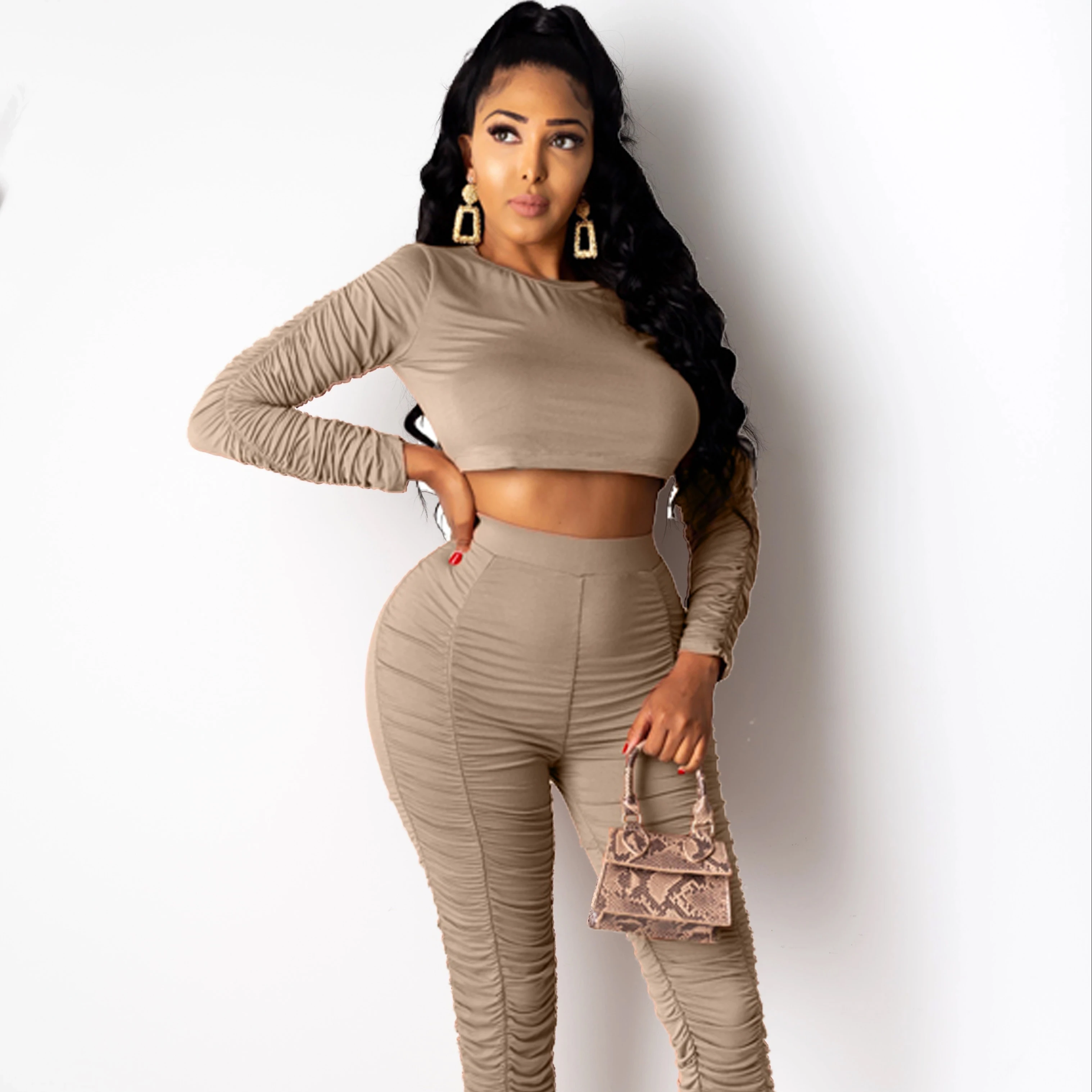 2020 Spring and Summer Hot Style Sexy Low Waist Long Sleeves Round Collar Plain Color Women Two Piece Set
2020 Spring and Summer Hot Style Sexy Low Waist Long Sleeves Round Collar Plain Color Women Two Piece Set