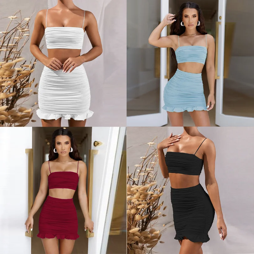 2020 Summer Newest Women Two Piece Set Solid Color Sexy Small Sling Set Ruffle Pleated Short Dresses, As picture
2020 Summer Newest Women Two Piece Set Solid Color Sexy Small Sling Set Ruffle Pleated Short Dresses, As picture