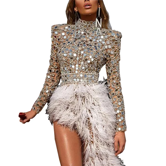 

White Feather dresses Sexy sequins long tail Pearl Rhinestone Fringed party Skirt, Customized colors