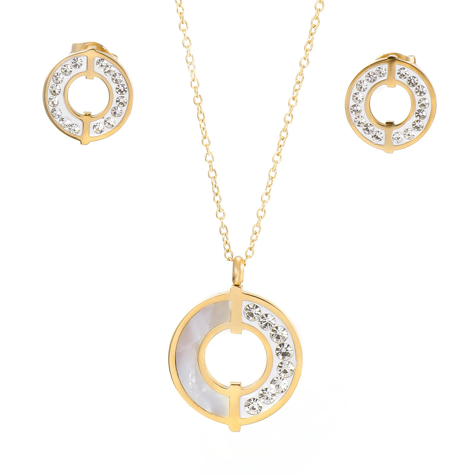 Fashion Stainless Steel Inlaid Rhinestone And Shell Necklace and Earrings jewelry Set, Gold/steel/rose gold
Fashion Stainless Steel Inlaid Rhinestone And Shell Necklace and Earrings jewelry Set, Gold/steel/rose gold