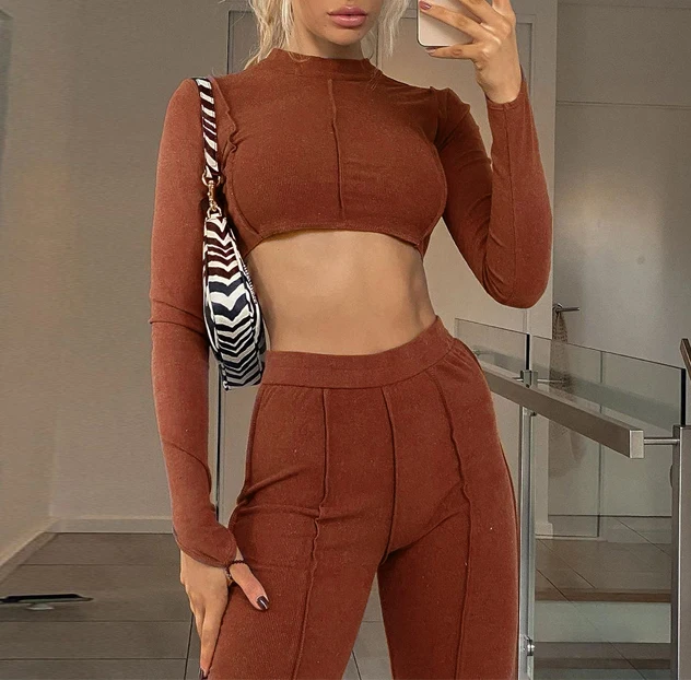 2021 Spring Outfits Women Clothing Brown Knit Ribbed Two Piece Backless Crop Top And Flare Pants 2 Pcs Set
2021 Spring Outfits Women Clothing Brown Knit Ribbed Two Piece Backless Crop Top And Flare Pants 2 Pcs Set