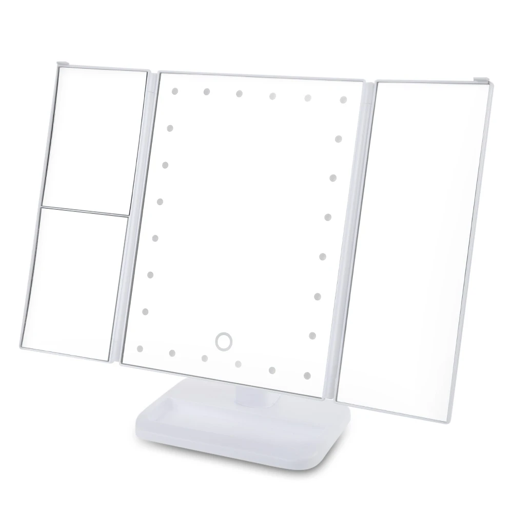 180 Degree Rotation Trifold LED Mirror with 24 LED Lights and Touch Screen, Black, white, rose gold
180 Degree Rotation Trifold LED Mirror with 24 LED Lights and Touch Screen, Black, white, rose gold