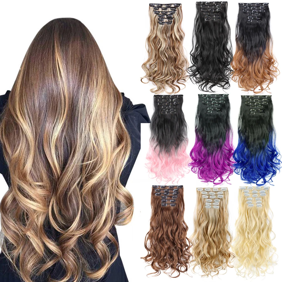 

AliLeader Hot Selling 22 Inches 6pcs/Set Long Curly Body Wave 16 Clips Hairpieces Synthetic Clips In Hair Extensions