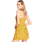 Retro style Summer ladies ditsy print open back wrap hem spaghetti strap casual yellow dresses