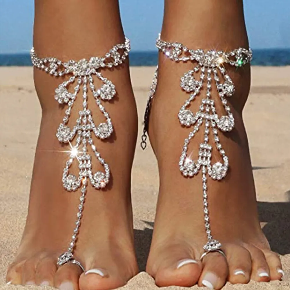 

Barefoot Sandals Foot Jewelry Hollow-Out Bling Rhinestone Crystal Leaf Anklets Ankle Chain For Women Summer Beach Anklet