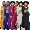 Women's Deep V Neck Full Sleeve Printed rainbow mouth pockets Long Gown split Dress With Hat 2019 straight Dress