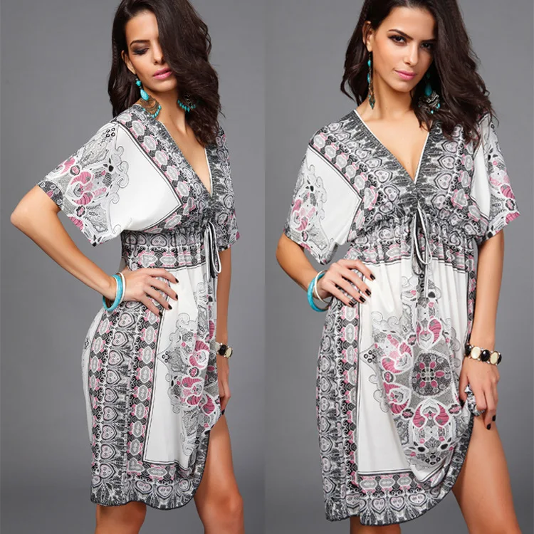 A Line Bandage V Neck Printed Empire Casual Dresses Women Lady Elegant Casual White Dresses For The Beach, As picture
A Line Bandage V Neck Printed Empire Casual Dresses Women Lady Elegant Casual White Dresses For The Beach, As picture