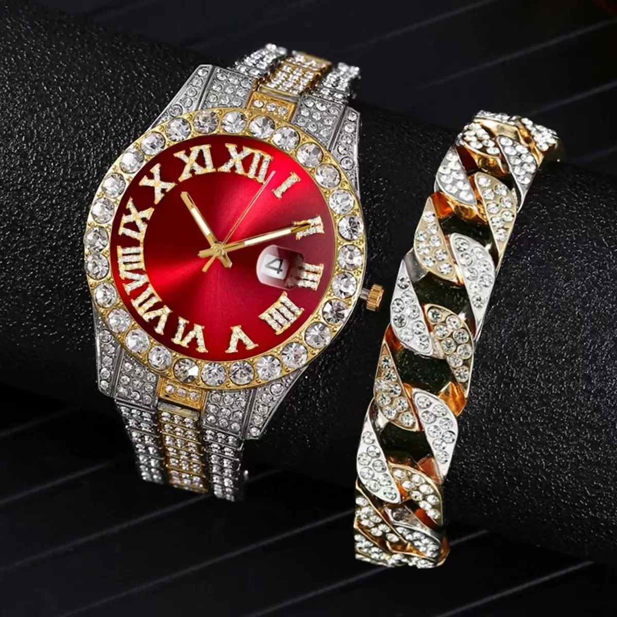 2 pcs Luxury Brand Iced Out Watch Men Bracelet Gold Full Diamond Men's Watches Quartz Hip Hop Diamond Male Wristwatch, As picture
2 pcs Luxury Brand Iced Out Watch Men Bracelet Gold Full Diamond Men's Watches Quartz Hip Hop Diamond Male Wristwatch, As picture