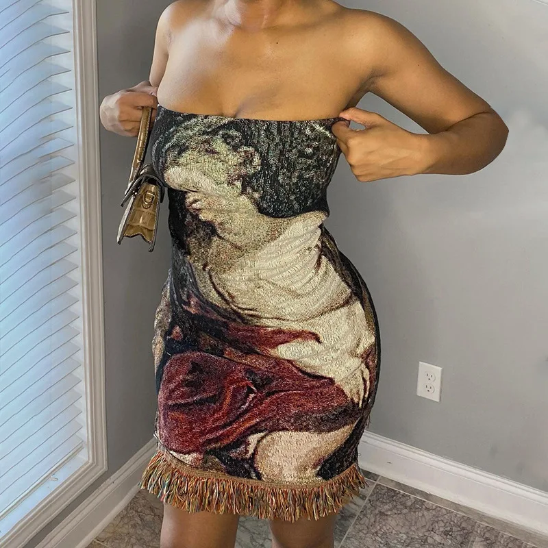 Wholesale 2021 summer new trendy off shoulder painting tassel backless elegant casual party prom dresses, Brown
Wholesale 2021 summer new trendy off shoulder painting tassel backless elegant casual party prom dresses, Brown