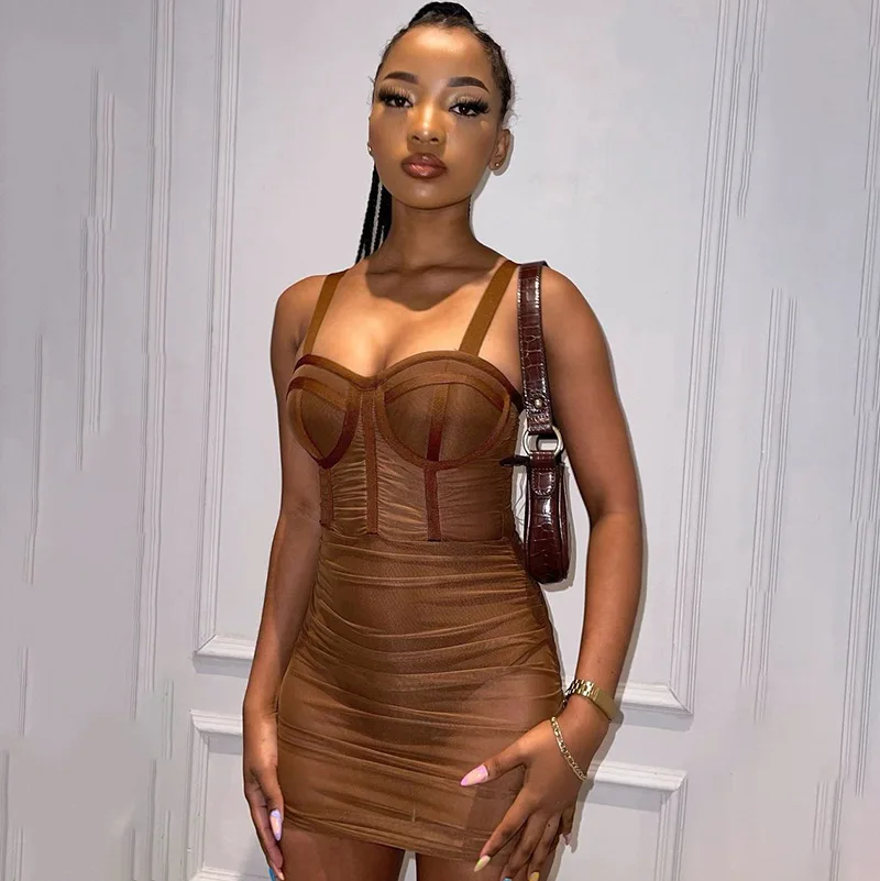 Wholesale Women Summer Brown Mini Mesh Dress Bodycon Ruffles Transparent Women Dress
Wholesale Women Summer Brown Mini Mesh Dress Bodycon Ruffles Transparent Women Dress