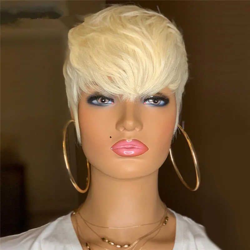

Honey Blonde Wig Short Wavy Bob Pixie Cut Full Machine Made Non Lace Human Hair Wigs With Bangs For Black Women Remy, Pantone colors