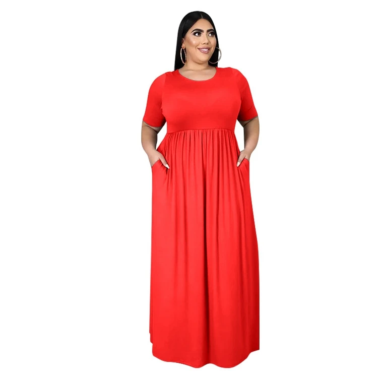 2021 factory wholesale plus size big swing dress solid color long dress women with short sleeve
2021 factory wholesale plus size big swing dress solid color long dress women with short sleeve