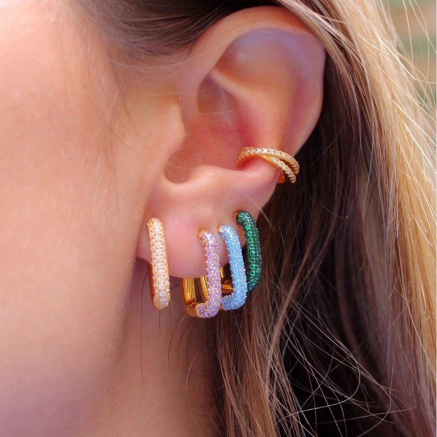 Fashion cz colorful zircon 18K gold plated geometric rectangle hoop earring, Picture
Fashion cz colorful zircon 18K gold plated geometric rectangle hoop earring, Picture