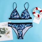 Latest Sexy Triangle Bikini Set Removable Padding Contrast Color Swimwear Women Leaves Print Backless Swimwear
