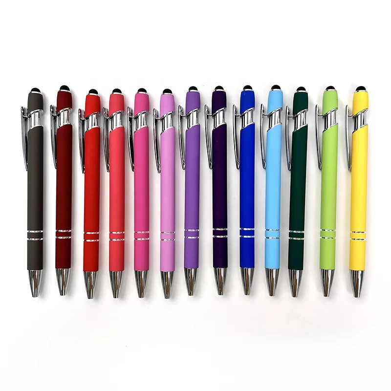 

Customized logo promotional new multifunction soft rubber touch screen ball pen 2 in 1 metal aluminum ballpoint black ink