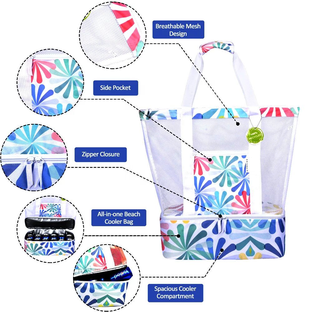 Women double insulation dry and wet separation polyester mesh beach bag with cooler bag
Women double insulation dry and wet separation polyester mesh beach bag with cooler bag