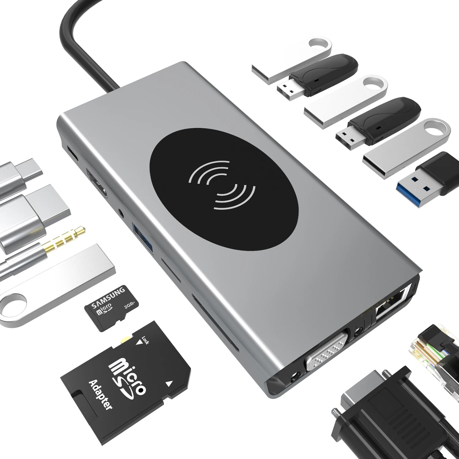 TYPE-C USB Docking HUB Station 15-in-1 HD Network Card Converter Mobile Phone Computer Docking Station with wireless charger, Silver
TYPE-C USB Docking HUB Station 15-in-1 HD Network Card Converter Mobile Phone Computer Docking Station with wireless charger, Silver
