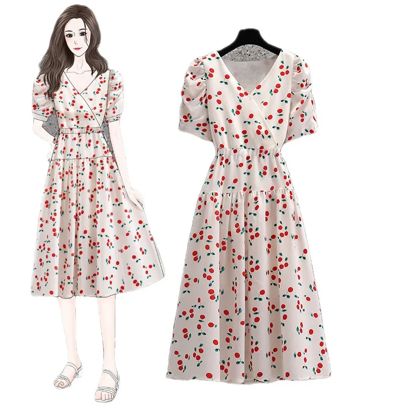 High Quality Cherry Floral Pattern Short Sleeve V-Neck Elegant Casual Korean Maxi Dress For Women
High Quality Cherry Floral Pattern Short Sleeve V-Neck Elegant Casual Korean Maxi Dress For Women