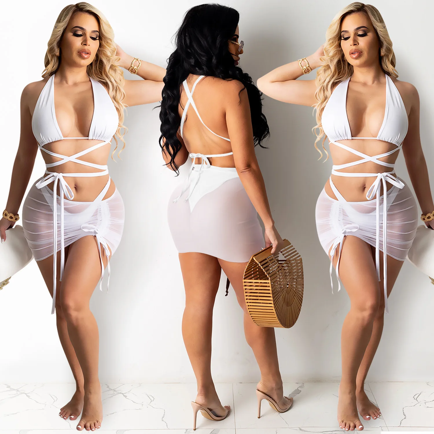 Sexy Three Piece Set Lace Up Mesh Sheer Hollow Out Beachwear Mini Skirt Set Sexy Backless Bikini Set
Sexy Three Piece Set Lace Up Mesh Sheer Hollow Out Beachwear Mini Skirt Set Sexy Backless Bikini Set