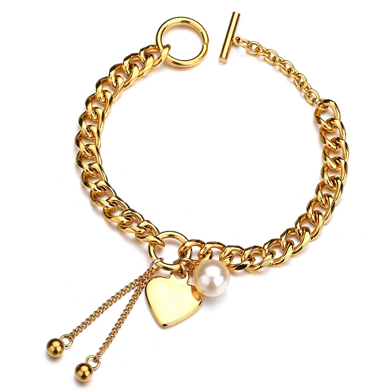 Women Pearls Heart Charm Bracelet Stainless Steel Curb Cuban Gold Chain Bracelet With OT Buckle (KSS285), Same as the picture
Women Pearls Heart Charm Bracelet Stainless Steel Curb Cuban Gold Chain Bracelet With OT Buckle (KSS285), Same as the picture