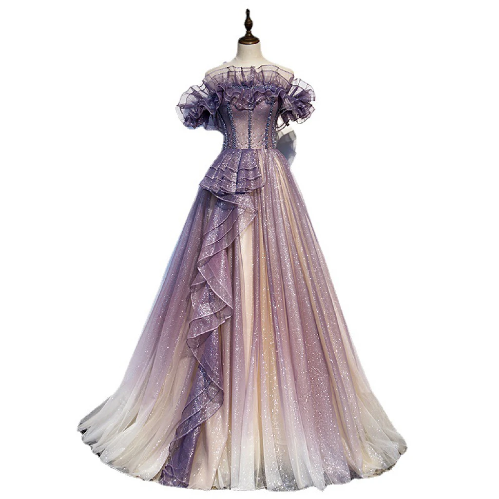 

Luxury Purple Evening Dresses Sequins Pleated Ruffle Boat Neck Tulle Short Sleeves Backless Lace Up Floor-Length Celebrity Gowns