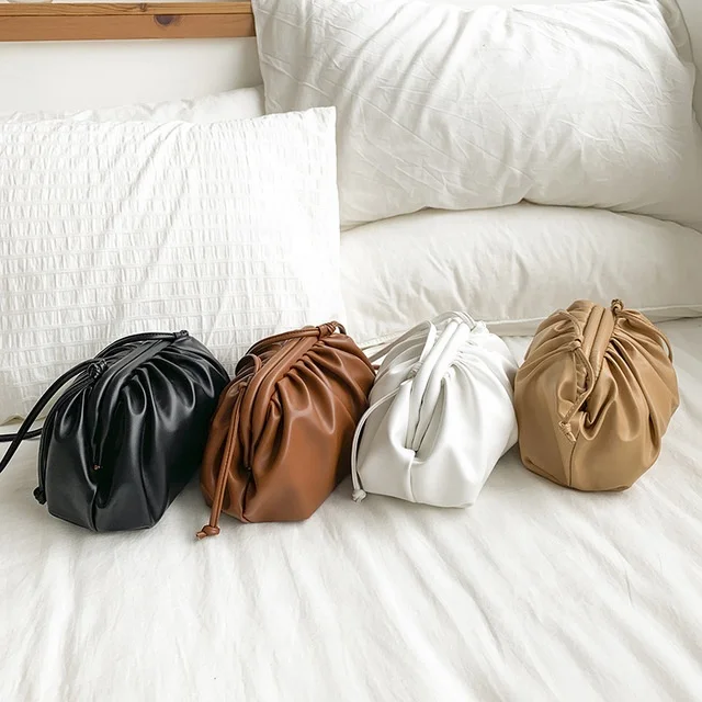 

Pleated Shoulder Diagonal Bag Detachable Shoulder Strap Dumpling Bag Soft Surface PU Girl Cloud Bag, White , borwn, black