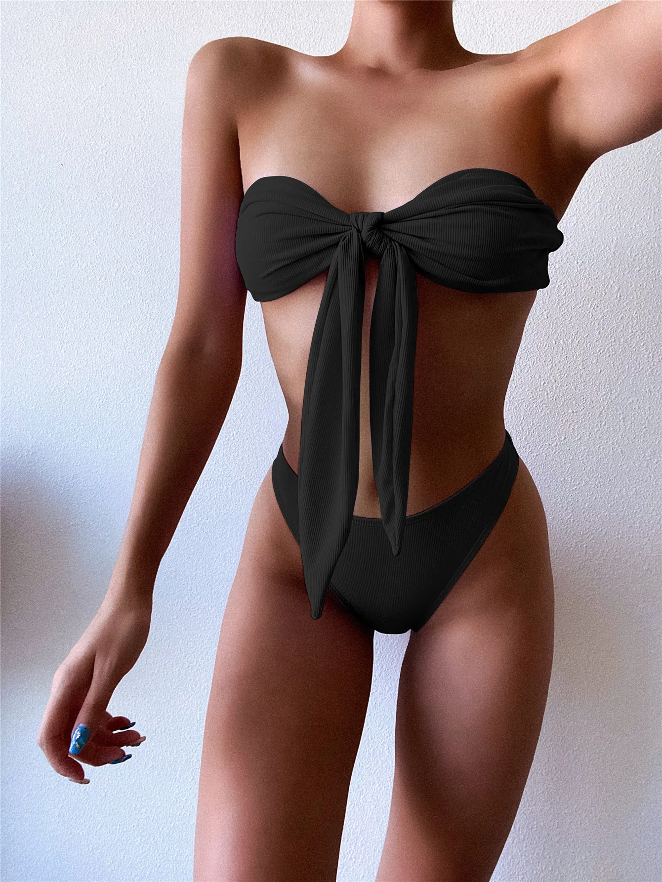 Solid Sexy Bikini Knitted Ribbed Material Front Tie Chest Open Free