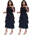 2019 New style elegant sequin off shoulder tiered skirt black dress