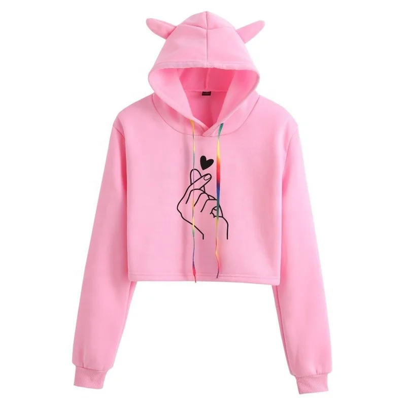 Fashion Cute Cat Ear Hoodies Girls Finger Heart Printing Crop Top Slim Fit Pullover Sweatshirts For Women Hoodie, 4 colors 
Fashion Cute Cat Ear Hoodies Girls Finger Heart Printing Crop Top Slim Fit Pullover Sweatshirts For Women Hoodie, 4 colors