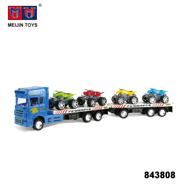 1/32 scale plastic friction toy trailer truck with 4 motorcycle